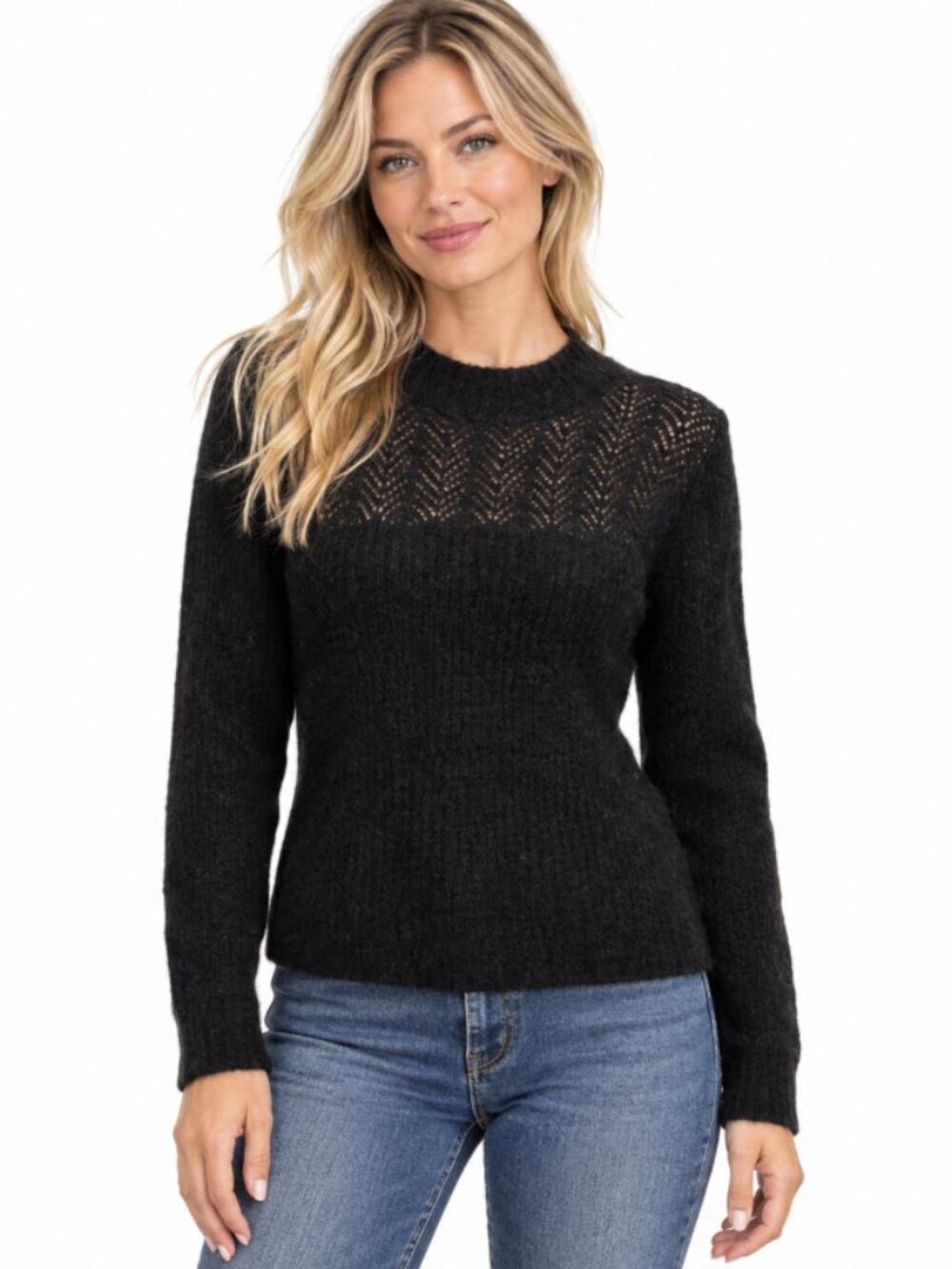 Club Monaco Alpaca Wool Pointelle Yoke Sweater Black Size L/G NWT